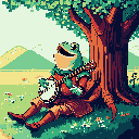 A cheerful pixel art frog strums a banjo under a shady tree, its joyful expression and colorful attire bringing a whimsical touch to the peaceful outdoor scene.