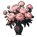 A pixelated bouquet of peonies in a decorative vase evokes a sense of quiet beauty and nostalgia. The muted pink blossoms and dark foliage create a somber yet elegant still life.