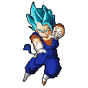 This pixel art depicts Vegito in his Super Saiyan Blue form, captured in a dynamic pose ready to unleash a powerful attack. The vibrant colors and detailed pixel work bring the iconic Dragon Ball character to life with energy and intensity.