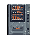 This pixel art features a weathered grey vending machine filled with bright orange snacks or drinks. The machine's worn details and the stark black background create a lonely, industrial feel.