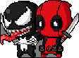 This pixel art features chibi versions of Venom and Deadpool, the former with his signature monstrous grin and the latter brandishing a silver knife. The high-contrast image pits the two iconic characters against each other in a potentially humorous standoff.