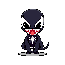 This pixel art depicts a chibi Venom, complete with sharp teeth, a long red tongue, and the iconic white spider symbol. The cute yet menacing character stands out against a stark black background.