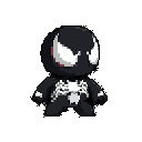 This pixel art depicts a chibi-style Venom, standing with a cute yet sinister vibe. The simplified design highlights his iconic white spider emblem and jagged white patches against a stark black background.