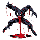 This pixel art captures Venom in a menacing stance, claws out and symbiote dripping, ready to strike. The sharp contrast of dark blues and bright reds emphasizes his power and dangerous nature.