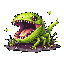 This pixel art depicts a ferocious, green lizard-like monster roaring with sharp teeth and a pink tongue. The creature's dynamic pose and vibrant colors create a sense of raw power and stylized aggression.