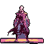 A stoic, purple-toned figure stands poised in a pixelated void on a textured platform. The character's authoritative stance and muted color palette evoke a sense of mystery and power.
