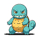 This pixel art features a mischievously grinning Squirtle in an assertive pose, its narrowed eyes hinting at playful trouble. The iconic Pokémon is rendered in classic pixel style, a subtle shadow adding depth to the light blue and yellow design.
