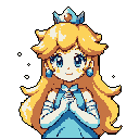 This pixel art portrait captures a charming, Peach-like princess in a stylish outfit, her gentle expression radiating warmth. With hands clasped in a gesture of kindness, she exudes a cute and cheerful vibe.