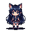 This pixel art features a cute, chibi-style neko girl with wide eyes and a slightly melancholic expression. Her muted navy and peach color palette creates a cool, innocent vibe.