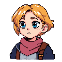 This pixel art portrait captures a young woman with light brown hair and striking blue eyes, her slightly worried expression hinting at a hidden story. She's adorned with a purple scarf and a dark blue garment with brown straps, suggesting she might be on a journey.