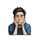 A pixel art portrait captures a man's distressed expression as he cradles his face in worry, his furrowed brows and downturned mouth conveying anxiety. The limited color palette and stark background emphasize his emotional state, creating a nostalgic yet impactful depiction of concern.
