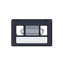 A vintage VHS cassette tape is rendered in a nostalgic, monochromatic pixel art style. The simple, clean design against a stark black background evokes a sense of classic media.