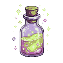 This pixel art depicts a glass bottle filled with a glowing, magical yellow-green liquid, radiating an aura of enchanting sparkles. The vibrant colors and simple composition evoke a sense of mystery and concentrated power.