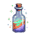 This pixel art features a magical potion bottle filled with shimmering, layered liquids in vibrant hues of green, orange, and purple. Sparkling details and an enchanting aura give it a whimsical and mystical feel.