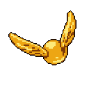 This pixel art image presents a detailed Golden Snitch in flight, its golden orb and feathered wings rendered with depth and texture. The retro style evokes a sense of magical nostalgia.