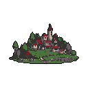 This pixel art depicts a quaint, isolated village with beige buildings and terracotta roofs, nestled on a verdant, rocky hill rising from the darkness. A tall, slender tower stands prominently, adding to the serene and somewhat idyllic charm of this hidden settlement.