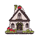 This pixel art depicts a charming, slightly weathered cottage adorned with lush moss and vibrant red strawberries. The fairytale-esque dwelling, with its gothic windows and overgrown details, exudes a sense of quaint, fantastical beauty.