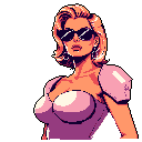 This pixel art portrait features a stylish woman with dark sunglasses and a knowing expression, rendered in vibrant purple, pink, and yellow hues. Her retro-futuristic vibe, complete with statement earrings and a structured jacket, evokes a cool and confident aesthetic.