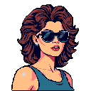 This pixel art portrait captures a stylish woman in sunglasses, her confident expression and retro color palette evoking a cool, 80s vibe. The close-up view and black background focus all attention on her striking features.