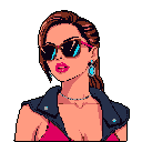 A stylish pixel art woman exudes confidence with oversized sunglasses and vibrant colors, a retro-modern character brought to life. Her hot pink lips and indigo jacket pop against her skin, while silver accents add a touch of glamour.