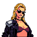 This pixel art depicts a confident woman with golden hair and dark sunglasses, her cool demeanor emphasized by a leather jacket and bold color palette. The stylized portrait evokes a retro-game aesthetic with a touch of edgy rebellion.