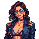 This pixel art portrait features a cool and confident woman in a motorcycle jacket and blue-tinted sunglasses. Her edgy style, complete with a lacy bra and gold chain, evokes a retro or cyberpunk vibe.