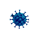 A pixelated coronavirus particle, rendered in ominous shades of blue, floats in the darkness. The detailed spikes and monochromatic palette create a stark, scientific feel.