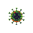 This pixel art showcases a menacing virus particle in dark greens and purples, highlighted with toxic green and accents of orange and red, creating an ominous and unsettling image.
