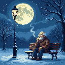 Under a snowy moonlit night, an elderly man sits alone on a park bench, a wisp of smoke rising from his pipe as he contemplates the silence. The warm glow of a nearby lamppost offers a comforting contrast to the cool, quiet solitude of the scene.