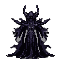 A powerful, pixelated dark lord stands in stark darkness, his ominous presence amplified by glowing orbs and intricate, armor-like details. The regal figure exudes dark fantasy and ancient power.