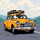 A bright yellow, vintage sedan, reminiscent of a Hindustan Ambassador, is packed with luggage for a journey through a pixelated landscape. The detailed pixel art evokes a sense of nostalgia and adventure on the open road.