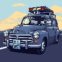 This pixel art showcases a vintage, dark blue station wagon, possibly an old emergency vehicle, complete with a multi-colored light bar and unique non-Latin license plates. Against a serene sunset backdrop, the car exudes a nostalgic charm despite its implied purpose.