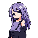 This pixel art portrait features a young woman with flowing lavender hair and wistful eyes, draped in a dark jacket against a stark background. Her shy expression and muted color palette create a melancholic and introverted mood.