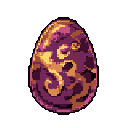 A large, pixelated egg dominates the image with swirling purples, oranges, and yellows, creating a marbled and mysterious texture. The vibrant colors hint at the potential or magic hidden within.