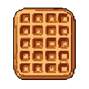 This pixel art image features a mouthwatering, overhead view of a golden-brown waffle, meticulously crafted with a retro, 8-bit aesthetic. The simple design and warm color palette evoke a sense of nostalgia for classic video games and comforting breakfasts.