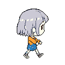 A pixel art sprite depicts a young girl with light purple hair, captured in mid-stride with a determined expression. She's dressed in an orange shirt and blue skirt, evoking a nostalgic video game aesthetic.