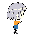 A cute, chibi-style girl is captured mid-stride in this pixel art image, her expression suggesting surprise or determination. The youthful character, with her lavender hair and hooded jacket, walks purposefully towards the right, isolated against a stark background.