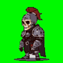A pixelated skeletal warrior in medieval armor, complete with a dark cloak and a hint of red, stands ready, radiating an ominous aura of fantasy and undeath.
