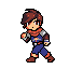 A young adventurer, rendered in a nostalgic pixel art style, strikes a dynamic pose, ready for action. Dressed in blue, brown, and red adventure gear, he exudes a sense of urgency and preparedness.