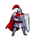A stoic, pixel-art knight in full armor stands ready with shield and flowing red cape. The classic fantasy design evokes a sense of defense and retro gaming nostalgia.