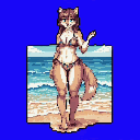 This pixel art depicts a cheerful, light brown furry character with wolf or fox features, standing on a sunny beach and wearing a patterned bikini. She strikes a relaxed pose, possibly waving, with a neutral to slightly pleased expression.