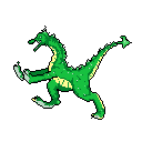 This pixel art image features a vibrant green, dragon-like creature in mid-leap, its open mouth and clawed limbs suggesting a fierce attack. The retro style and dynamic pose create an energetic and slightly menacing vibe.