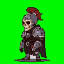 This pixel art features a detailed skeletal warrior in full plate armor, standing at attention with a slightly ominous and humorous vibe. The intricately designed armor, complete with a red plume, contrasts with the bone-white skeleton beneath.