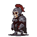 A pixel art skeletal warrior stands ready in metal armor and a dark red-plumed helmet, its toothy grin hinting at a macabre fantasy.