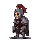 A pixelated skeletal knight stands ready, its somber armor and dark red plume hinting at a dark past. The character's detailed, low-resolution design evokes a retro feel.