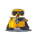This pixel art captures WALL-E, the lovable sanitation robot, in a moment of gentle curiosity, his binocular eyes conveying a sense of wonder. With his claw raised in a friendly gesture, the iconic character stands out against the stark black background. The warm color palette and retro style evoke a charming and nostalgic feel.