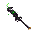 A dark, snake-entwined staff crackles with inner green energy, hinting at potent magic. Wisps of green smoke rise from the top, while a touch of gold adorns the base. This pixel art piece evokes a sense of dark fantasy and mystical power.