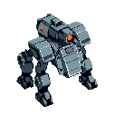 A powerful, pixelated mech stands ready for action, its gray and blue frame accented by ominous red/orange lights, hinting at its combat capabilities.