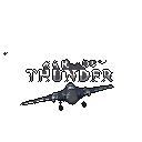 This pixel art image features a high-speed military jet ascending against a black background, conveying a sense of action and power. The distressed "WAR THUNDER" title above reinforces the militaristic theme, hinting at aerial combat.