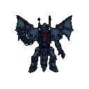 A menacing pixel art figure, possibly a mecha or dark knight, stands imposingly with bat-like wings spread wide. The dark, armored figure features a glowing red core and horns, creating an ominous and powerful presence.
